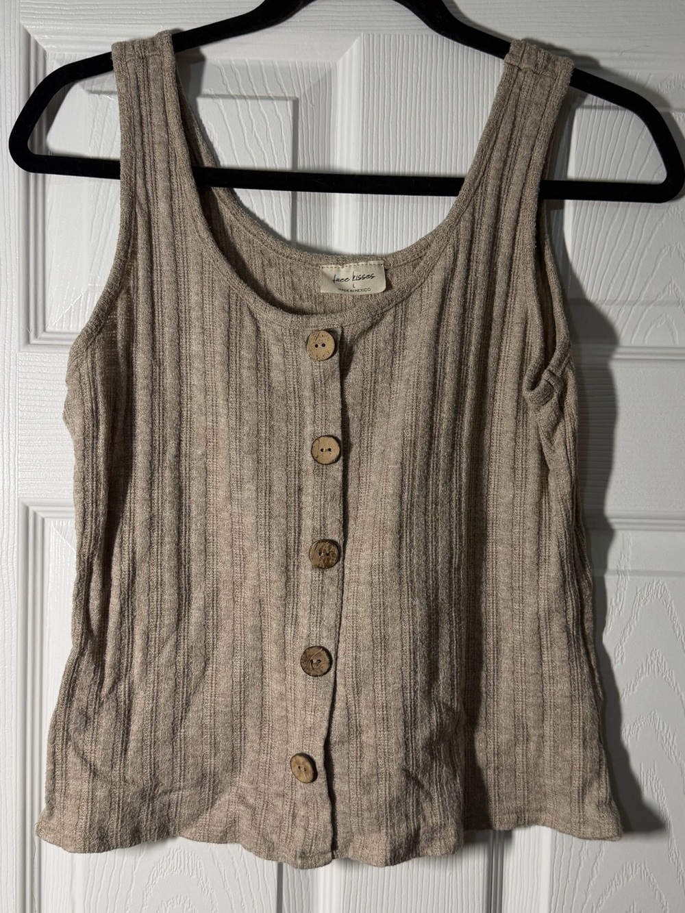 Free Kisses Ribbed Button-Front Tank in Taupe